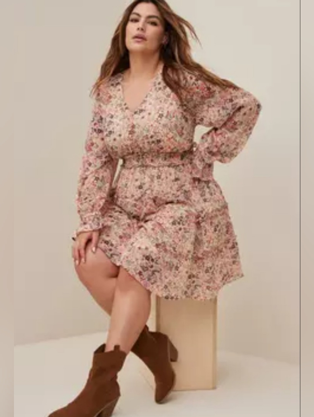 torrid Pink Floral V-Neck Long Sleeve Dress